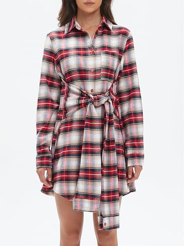 Flannel Plaid Dresses for Women Christmas Tie Front Long Sleeve Tunic Button Down Shirt Mini Dress3