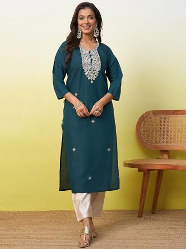 Image of Women's Silk Blend Embroidery Straight Kurta | Ethnic Kurtas for Women | Kurtis for Women Festive, Casual Office Wear Ethnic Kurta for Women