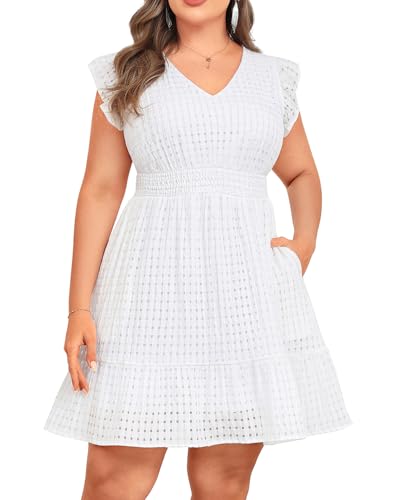 Image of Talisea Women's Plus Size Summer Dress - Casual V-Neck Flutter Sleeves A-Line Short Sun Dress with Pockets for Beach Vacation