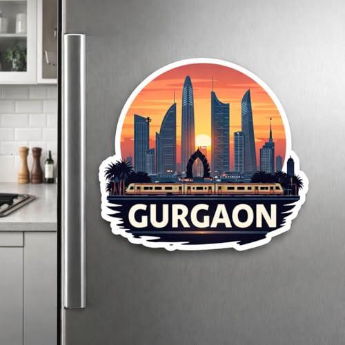 Image of Naxon Gurgaon Gurugram City Theme Souvenir Wooden Fridge Magnet | Modern Skyline & Corporate City Design 3x3 Inch Refrigerator Magnet for Kitchen & Home Decor | Travel Gift from Gurgaon | Pack of 1