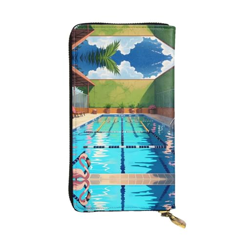 Leather Wallet 7.48 x 4.13 in - Stylish and Durable Wallet for Women with Multiple Compartments and Zipper Design Flamingo and swimming pool Pattern