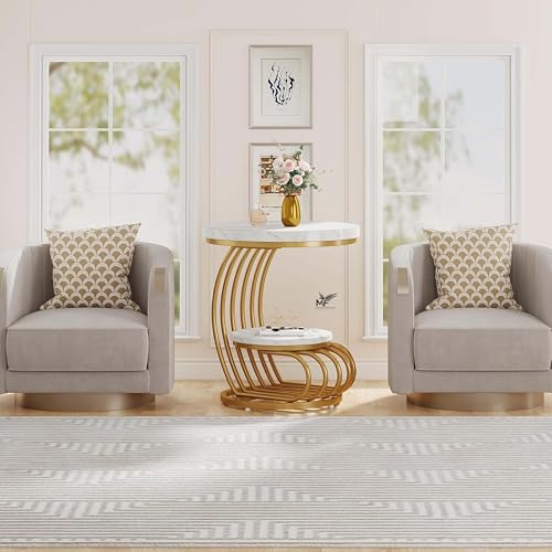 Image of MELVON End Table /Side Table with White Marble Look Engineered Wood Top & Golden Metal Frame, 2 Tier Storage for Living Room, Bedroom, Bedside & Office | Golden & White