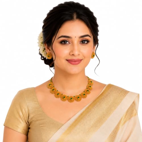 Image of Traditional Haram Necklace Set with Jhumka Earrings for Women, 22K Gold Plated Temple Jewellery Set for Wedding, Festival, Navratri, Dussehra, Diwali & Special Occasions