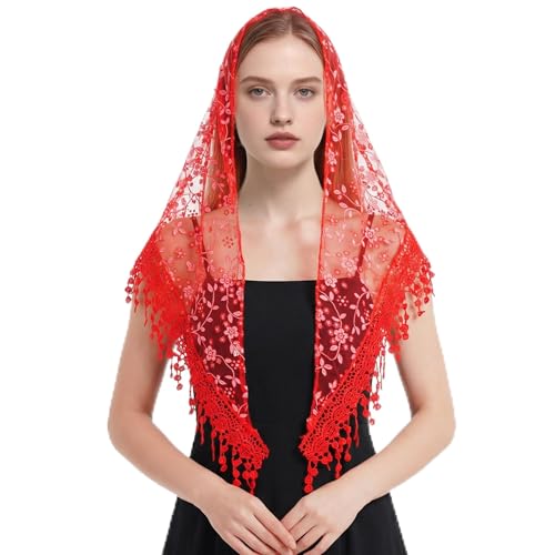 Lystaii Triangle Lace Mantilla Veil with Tassel Tulle Scarf Shawl Cathedral Head Covering Floral Chapel Veil for Mass Wedding (Red)