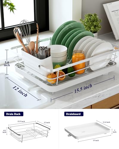 Kitsure Dish Drying Rack for Kitchen Counter, Stainless Steel Sink Organization and Storage Essentials with Cutlery Holder, Home and Appartment Decor, 12''W x 15.5''L, Silver