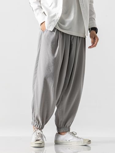 Men's Casual Linen Pants Elastic Waist with Belt Beach Summer Lightweight Linen Trousers4