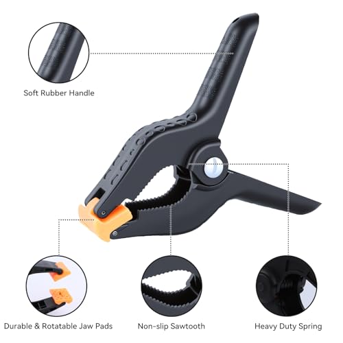 Image of UTEBIT 4 inch Professional Spring Clamps 4 inch Heavy-Duty Non‑Slip | 6 Pack Background Cloth Clips, Multi-angle Adjustable with Black Rubber Grip Clamps for Photography Studios, Woodworking