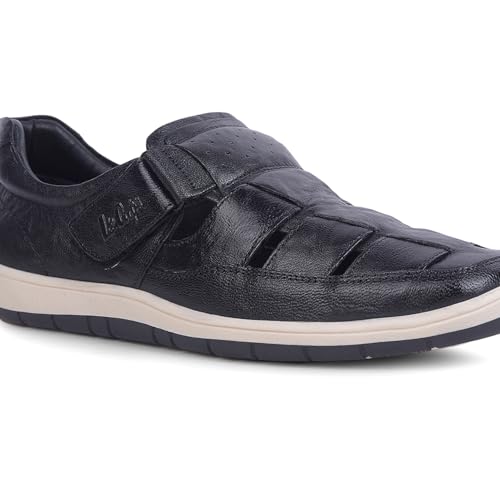 Image of Lee Cooper Men's Leather Comfort Sandal Shoes with Velcro Strap Closure, Breathable Cut-Out Design, Cushioned Insole & Lightweight Flexible Sole - Casual Everyday Walking Footwear | BLACK,