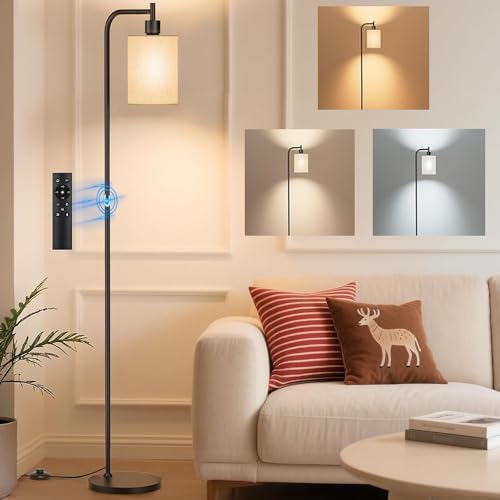Floor Lamp with Linen Shade Dimmable Tall Standing Lamp with Remote Control & 3 Color Temperatures Modern Floor Lamps with Foot Switch for Living Room Bedroom Office Corner 9W LED Bulb Included