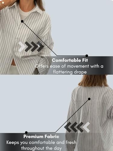 Image of GRECIILOOKS Striped Shirt for Women | Korean Style Full Sleeve Oversized Button Down Shirts | Tops for Women | Shirt for Woman | Plus Size Top for Office & Casual Outfit