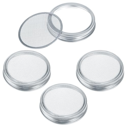 HJZHII Mason Jar Sprouting Lids, Mesh Wide Mouth Canning Lids Stainless Steel Lids Stands Canning Jar Strainer Lids for Growing Bean Seeds Broccoli and Salad, 4pcs
