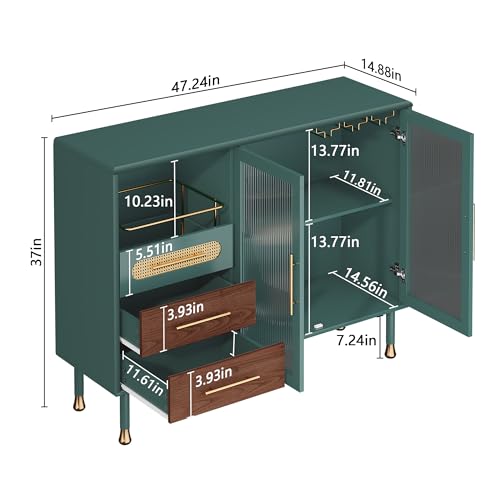 Image of ARTPOWER 48 inch Coffee Bar Cabinet with Wine Racks and Drawers, Modern Buffet Sideboard with Pull-Out Wine Storage, Liquor Bar Cart for Kitchen, Dining Room, Living Room (Green)