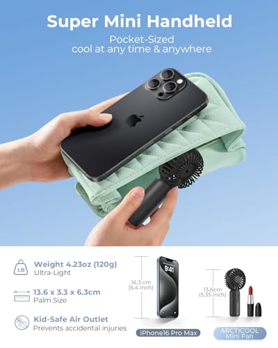 Image of ARCTICOOL Portable Mini Fan - Rechargeable Hand Fan with 3 Adjustable Speeds, 2000mAh Battery, Lightweight Design, Low Noise, and Easy Portability for Indoor and Outdoor Use (Deep Black)