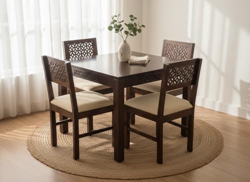 Image of RECTART Solid Wood Dining Table Set with Chairs for Living Room Home | Wooden Dining Room Sets Furniture for Hotels and Restaurants | (CNC-White-W, 4 Seater)