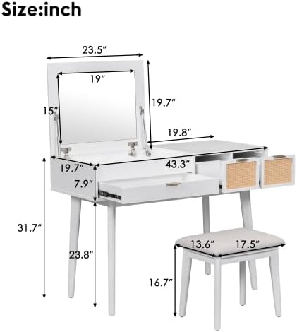 Miniatura 3 de Escritorio de tocador de 43.3 pulgadas con espejo abatible y taburete, moderno juego de mesa de maquillaje con 3 cajones, juego de tocador de