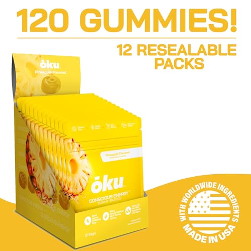 Image of ōku Energy Chews - Energy Gummies w /Natural Caffeine from Green Tea | Yerba Mate, Coconut Water for Hydration, Vegan Fiber Gummy, Non-GMO | Running, Cycling, On-the-Go Snacks, Pineapple (12-Pack)