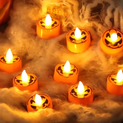 Image of Halloween Tea Lights Candles with 6H Timer, Pumpkin Flameless Candles with Ghost Face Flickering, LED Candles Battery Operated 12 Pack Φ 1.5 inch H 1.4 inch for Fall Halloween Decorations