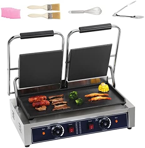 Commercial Panini Press Sandwich Maker 110V 3600W Non-Stick Full Grooved Plates Double Electric Stainless Steel Sandwich Maker for Hamburgers Steaks Bacons (Commercial Plain Press)