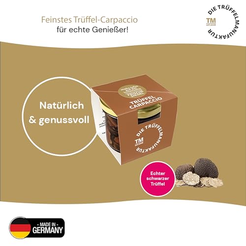 Die Trüffelmanufaktur - Feinkost Trüffel Carpaccio in feinen Scheiben und eigenem Sud, schwarzer echter Sommertrüffel, Trüffelscheiben im 30 g Glas perfekt als Beilage und zur Dekoration