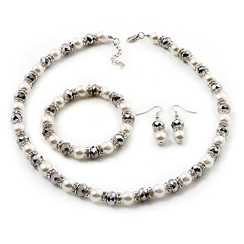 Juego de collar, pulsera y pendientes de perlas Avalaya de vidrio blancas con anillo