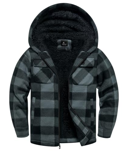 Image of V VALANCH Boys Flannel Jacket Hooded Fleece Lined Zip-up Hoodies Plaid Coat for Kids