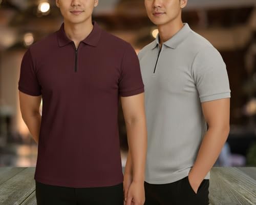 Image of MACK JONNEY Men's Cotton Self Design Polo T-Shirts | Front Half Zipper | Pack of 2 | Multicolour