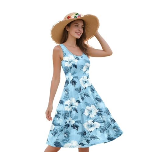 Image of Women Stylish Tank Dresses Sleeveless Round Neck Midi Casual Dress with Pocket for Summer