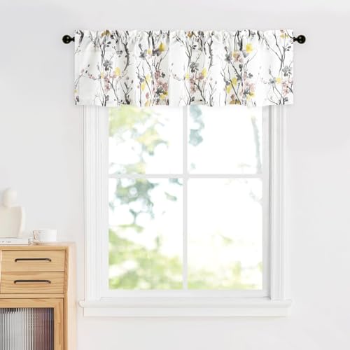 Leeva Yellow Flower Printing Valance Curtains for Bedroom, 60x14 Inches Light Filtering Decorative Small Drapery for Living Room, Rod Pocket Kitchen Valances for Windows, 1 Piece