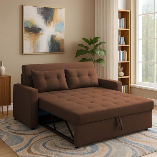 Image of Emilio 2 Seater Pull-Out Sofa Cum Bed | Premium Fabric Convertible Sleeper Sofa Set Space Saving for Living Room Office Home Guests Daily Use | 1 Year Warranty | Brown Colour Fabric Sofa