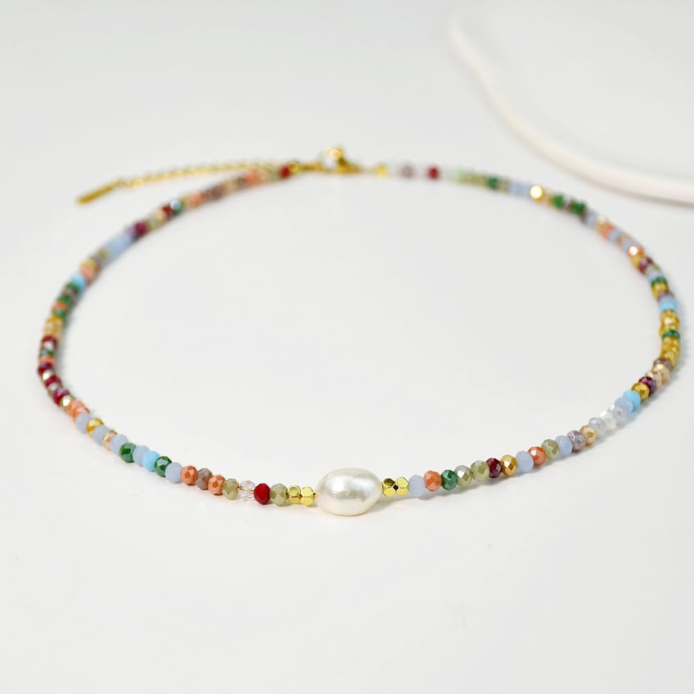 Colorful Beaded Necklaces for Women Crystal Bead Necklace Beach Necklaces Boho Necklaces for Women Pearl Beaded Choker Necklace Stainless Steel 18K Gold Plated Choker - Image 7