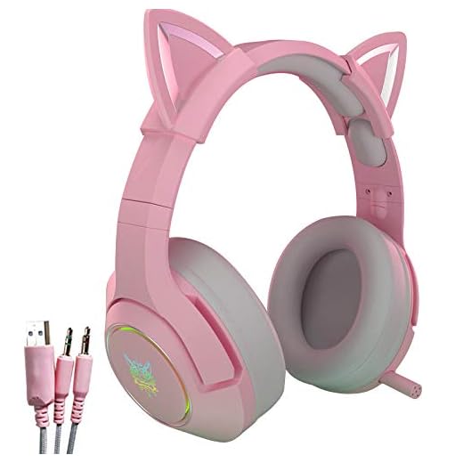 Fone de ouvido ZSGG com fio para jogos com microfone, lindo desenho de orelha de gato brilhante, luz piscante, fone de ouvido circum-auricular ajustável para computador e notebook