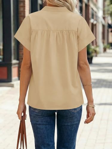 Cicy Bell Womens Short Sleeve V Neck Blouses Dressy Casual Summer Loose Shirts Trendy Business Pleated Tops Light Khaki — view 4