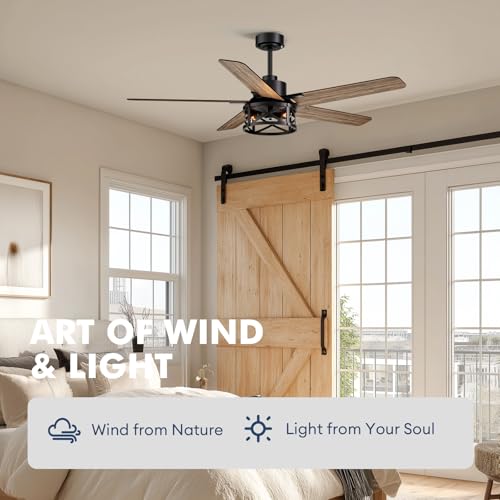 Image of 52 Inch Ceiling Fans with Lights and Remote Control, Low Profile Farmhouse Ceiling Fan for Bedroom Living Room and Patio, Black Caged Ceiling Fan for Indoor and Outdoor(NO BULBS)