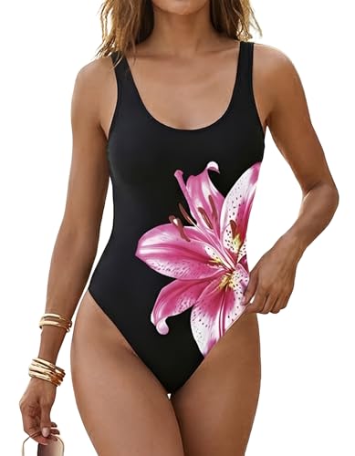 Leoparts Women's Retro Scoop Neck One Piece Swimsuits 80s/90s High Cut Low Back Bathing Suits Swimwear