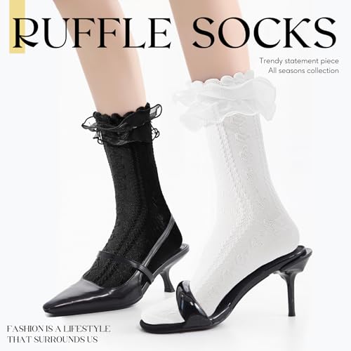 Image of Zando Women's Ruffle Socks Lace Frilly Ankle Socks - Soft Stretchy Cute for Dress Shoes, Sneakers, and Casual Outfits