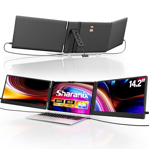 Image of Laptop Screen Extender, 14.2 inch FHD 1080P Triple Portable Monitor for Laptop with Smart Adjustment Button, USB-C /HDMI Plug and Play Monitor Extender for Wins /Mac /Android /Switch, Fit 13-17 inch Laptops