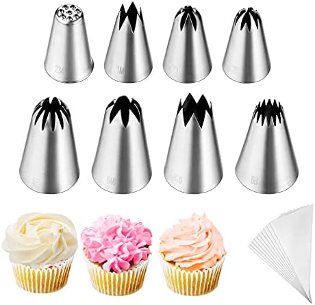 Kasmoire 8Pcs Large Piping Tips Set,Stainless Steel Icing Tips with 10 Disposable Pastry Bags for Cake Decorating