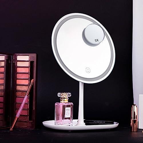 2023 New Extra Bright Makeup Mirror With 58 Led Lights,8.3" Desk Lighted Vanity Mirror,3-Color Dimmable Light Up Mirror,3" Mini Mirror 5X Magnetic Magnifying Mirror,Practical And Aesthetic,Pearl White #TOP5
