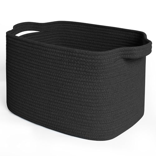 Opiniones de Cestos de almacenaje que puedes comprar esta semana. 48 MEGASKET Cesta de almacenamiento tejida negra – Cesta de cuerda de algodón de 15 x 9 x 11 pulgadas para organizar zapatos, juguetes, libros, toallas, caja rectangular decorativa...