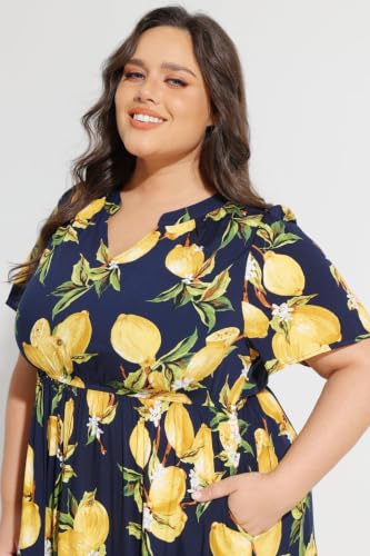 Image of TIYOMI Women Plus Size Dress Boho V Neck Short Sleeve Beach Maxi Dresses Floral /Stripe /Leaves /Lemon XL-5XL