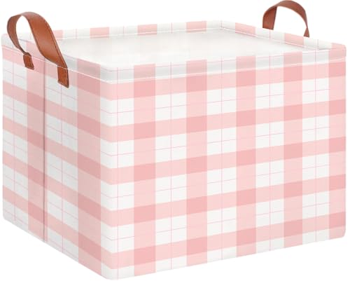 Image of CLOCOR Rectangular Storage Basket,Collapsible Storage Bin,Waterproof Books Box with Handles,Gift Basket(Pink Grid)