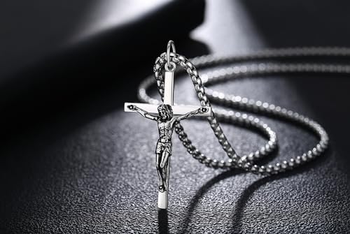 FANCIME Jesus Kruisketting 925 sterling zilver wit/goud vergulde kruis hanger roestvrij stalen ketting voor mannen jongens kinderen - ketting lengte: 60 cm, 26.5 x 1.6 x 41 mm, Roestvrij staal