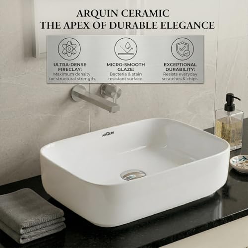 Image of ARQUIN ARQUIN Wash Basin for Bathroom Table Top Washbasin, Countertop Basin | Ceramic Washbasin Bathroom,Hotel | Living Room | Office Vanity Wash Basin (19.69x15.75x5.71 Inch)