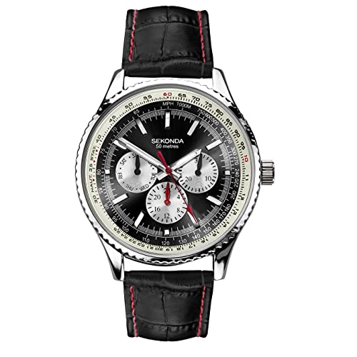 Sekonda Maverick Men’s 43mm Quartz Watch in Black with Analogue Display, and Black Leather Strap 30035