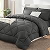 CozyLux Queen Comforter Set Dark Grey – Bed in a Bag Queen Size 7 Pieces, Luxury Soft Bed Set for All Seasons, Bedding Set with Comforter, Sheets, Pillowcases & Shams, Dark Gray, Queen