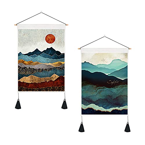 BetterJonny 2 Pack Mountain Wall Art, 35cmx50cm Japanese Misty Forest Tapestry with Tassels for Bedroom
