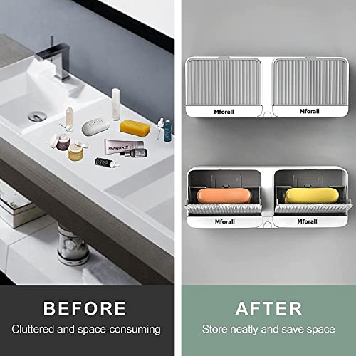 Image of Mforall Soap Box No-Drilling soap Box Wall-Mounted with Cover Double Grid-Asphalt Toilet Laundry soap New Box soap Box (2 Grid , Plastic, White)