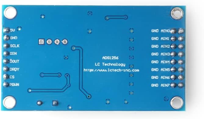 Dasar view of the EC Buying ADS1256 module showing pin labels for power, SPI communication, and analog inputs.