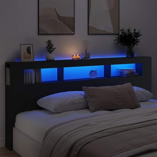 Cabecero con LED de madera negra 220cm con estantería integrada 3