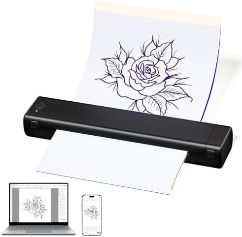 ASprink Tattoo Stencil Printer, M08F Wireless Themal Tattoo Printers with 10pcs Tattoo Transfer Printer Paper, Tattoo Kit for Beginners & Artists, Compatible with Smartphone & PC (Black)